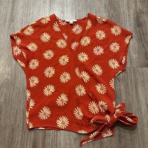 Madewell Red and Cream Floral Wrap Blouse